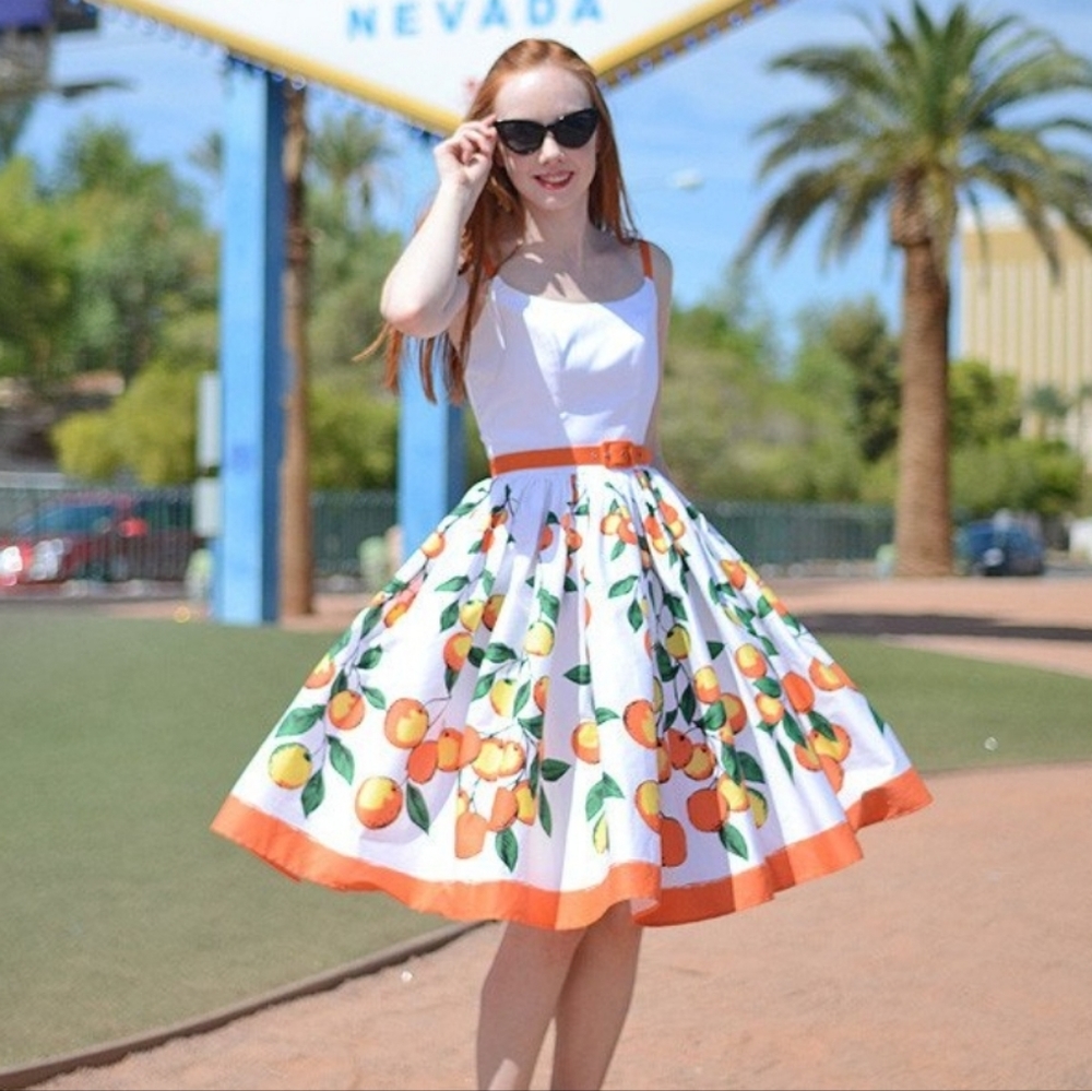 NWT Pinup Girl Clothing Jenny Dress in Orange Border Print XL